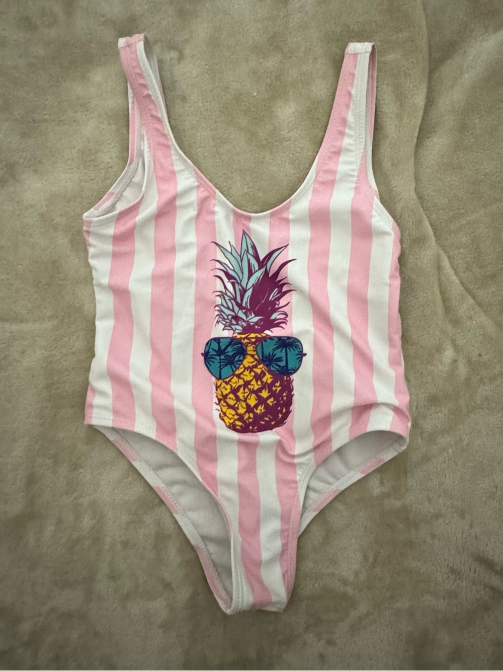Kids Pink & White Stripe One-Piece Swimsuit with Pineapple Print